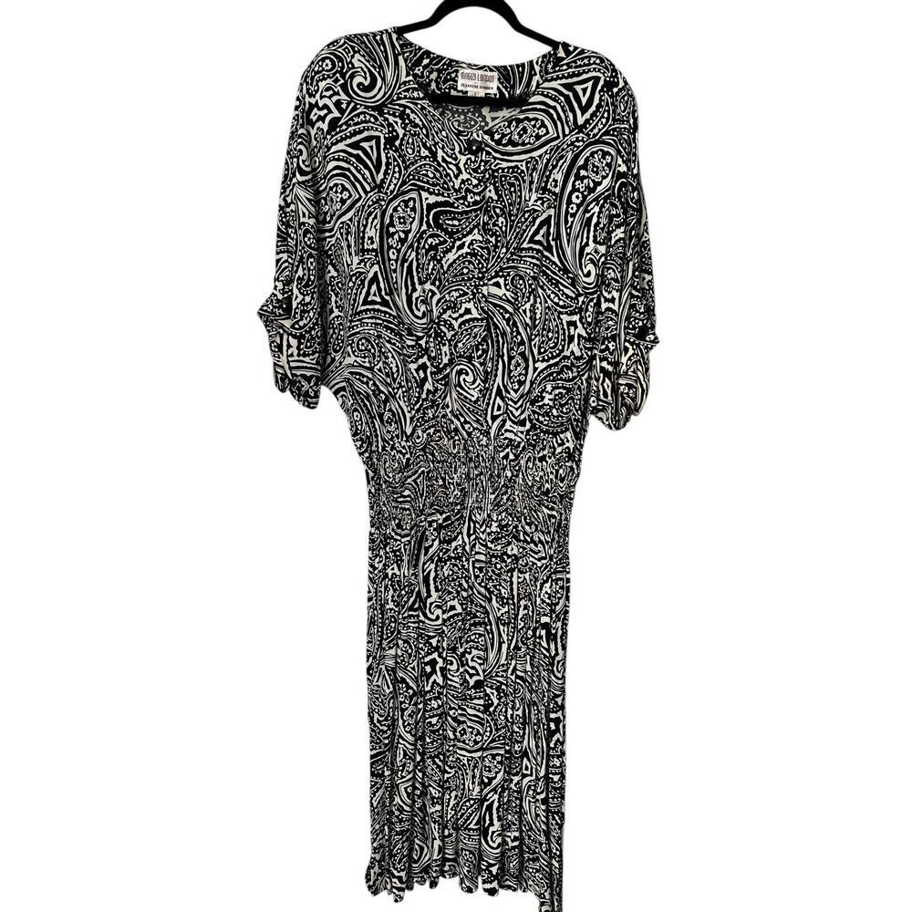 Vtg Maggy London By Jeannene Booher Dress Size 14 Black White Paisley Button